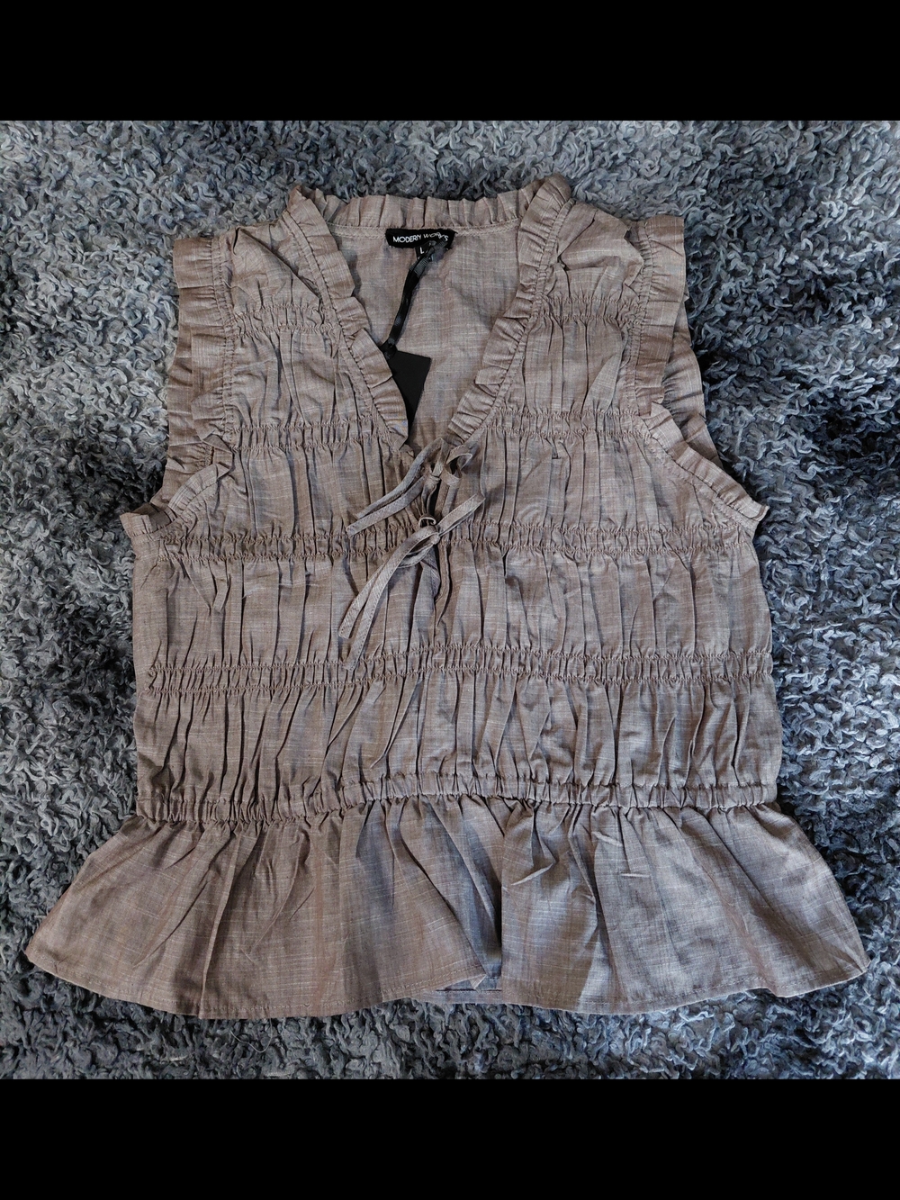 NWT Modern Works Taupe/ Brown Smocked Peplum V-Neck Top Size L